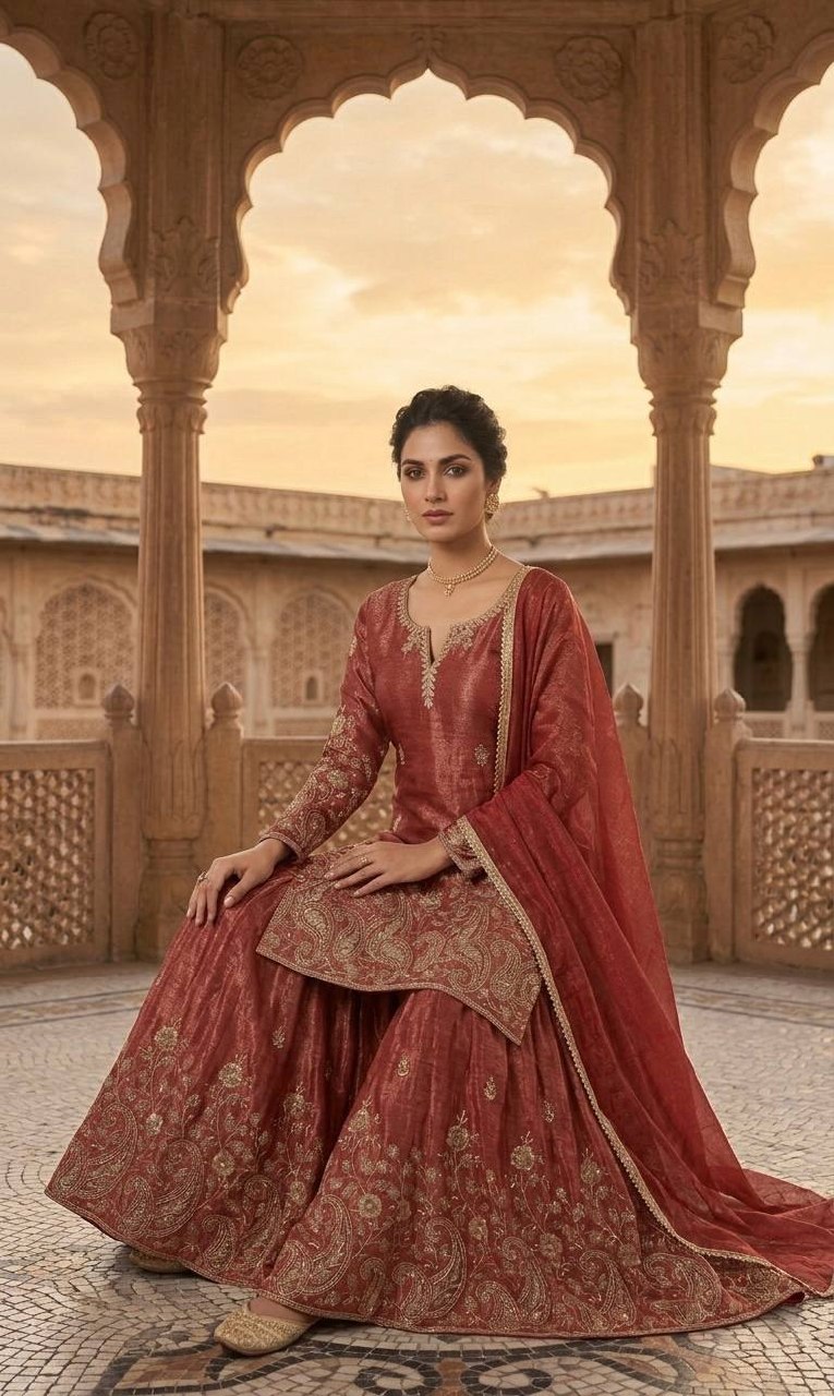 Urban Copper-Red Embroidered Flared Ensemble